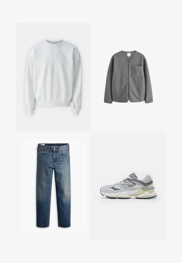 Grijze fleecejack met een V-hals ontwerp, voorrits en een borstzak. Beschikt over een zachte textuur en een relaxte pasvorm.; Lichtgrijze sweatshirt gemaakt van zachte stof, met een ronde halslijn, geribbelde manchetten en een ontspannen pasvorm met iets verlaagde schouders.; Blauwe rechte denim jeans met een klassieke vijf-pocket design, knoopsluiting en subtiele vervaging op de dijen en knieën.; Grijze suède en mesh sneaker met een dikke witte en beige zool, voorzien van een prominente witte logo en rode accentdetails.