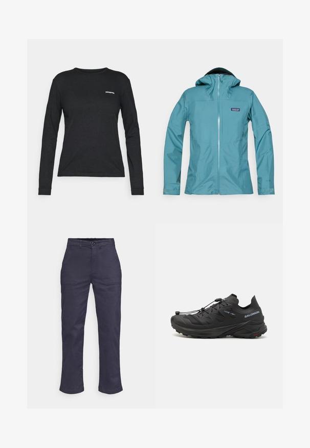 Γαλάζια αδιάβροχη ζακέτα με κουκούλα, φερμουάρ μπροστά και λογότυπο. Διαθέτει λεία υφή και στενές μανσέτες με ρυθμιζόμενους καρπούς.; Μαύρο μπλουζάκι με μακριά μανίκια από βαμβάκι, με στρογγυλή λαιμόκοψη και μικρό λευκό λογότυπο στο αριστερό στήθος. Λείος υφασμάτινος χαρακτήρας, εφαρμοστή σχεδίαση.; Μπλε βαμβακερά παντελόνια με ίσια γραμμή, διαθέτουν θηλιές ζώνης, δύο μπροστινές τσέπες και κλείσιμο με κουμπί. Χωρίς ορατά σχέδια ή αξεσουάρ.; Μαύρα αθλητικά παπούτσια για τρέξιμο σε μονοπάτια με υφή στο επάνω μέρος, πλέγμα και ασφαλές σύστημα κλεισίματος. Διαθέτουν ραγισμένο εξωτερικό πέλμα για πρόσφυση.