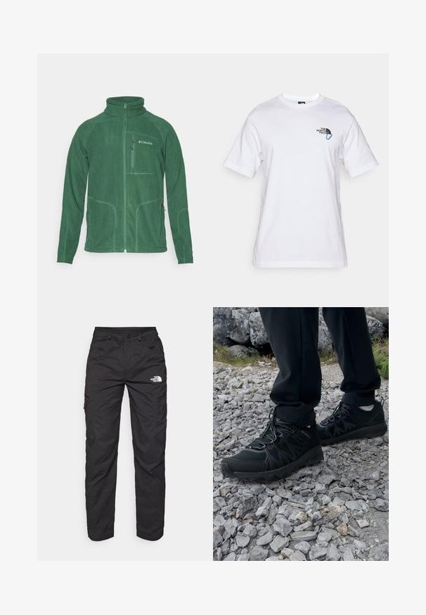 Grønn fleecejakke med høy krage, glidelås foran og sidelommer. Har teksturert stoff og kontrasterende sømdetaljer.; The North Face EXPLORE CARABINER RELAXED TEE UNISEX - T-shirts med print - white; Sorte cargo bukser laget av lett stoff. Har glidelåslommer på siden og et logo på venstre lår. Rett ben-design.; Sorte utendørssko i svart med mesh og syntetisk materiale, med en teksturert overdel, sikret snøresystem og en robust såle, på steinete terreng.