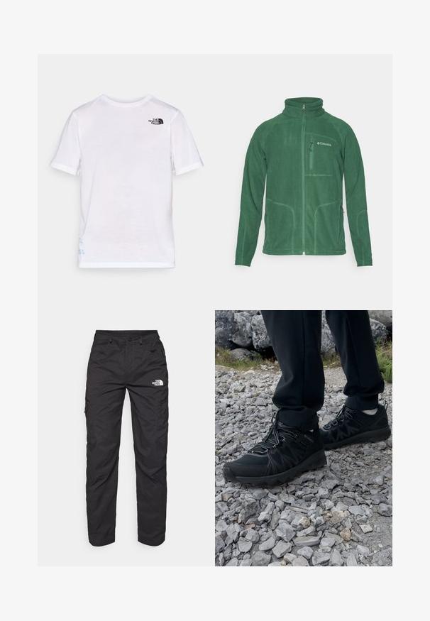 Green fleece jacket with a high collar, zippered front, and side pockets. Features textured fabric and contrasting stitching details.; White short-sleeve t-shirt featuring a black logo on the upper left chest and blue design detail near the hem. Soft, lightweight fabric.; Black cargo pants made from lightweight fabric. Features zippered side pockets and a logo on the left thigh. Straight-leg design.; Black outdoor shoes with mesh and synthetic material, featuring a textured upper, secured lacing system, and a rugged outsole, on rocky terrain.