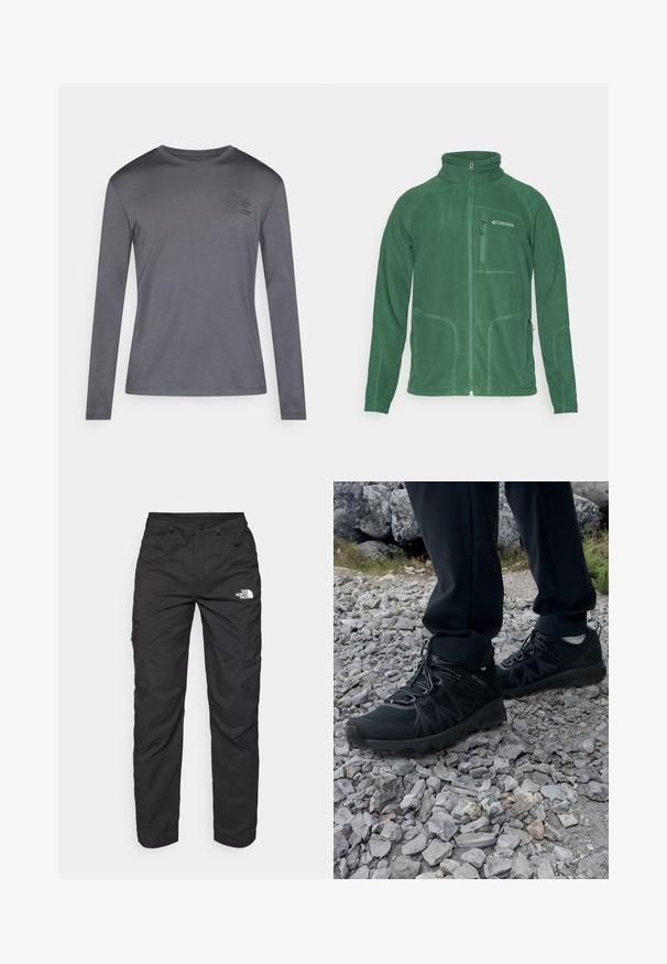 Groene fleecejack met hoge kraag, rits aan de voorkant en zijzakken. Heeft een gewatteerde stof en contrasterende stiksels.; Langarmshirt in donkergrijs, gemaakt van zacht materiaal. Heeft een kleine bloemenprint op de borst en een ronde halslijn. Eenvoudig ontwerp.; Zwarte cargobroek van lichtgewicht stof. Voorzien van ritszakken aan de zijkant en een logo op de linker bovenbeen. Recht model.; Zwarte buitenschoenen van mesh en synthetisch materiaal, met een gestructureerd bovenwerk, een beveiligd vetersysteem en een robuuste zool, op een ruig terrein.