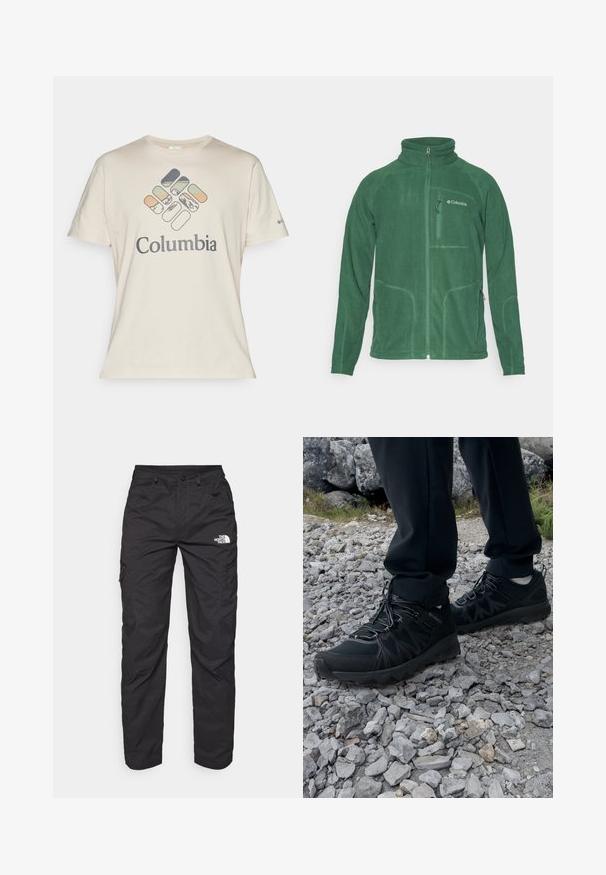Green fleece jacket with a high collar, zippered front, and side pockets. Features textured fabric and contrasting stitching details.; Cream-colored cotton t-shirt with short sleeves, featuring a multicolored geometric logo and "Columbia" text on the front.; Black cargo pants made from lightweight fabric. Features zippered side pockets and a logo on the left thigh. Straight-leg design.; Black outdoor shoes with mesh and synthetic material, featuring a textured upper, secured lacing system, and a rugged outsole, on rocky terrain.