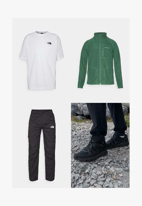 Grøn fleecetrøje med høj krave, lynlåslukning foran og sidelommer. Har struktureret stof og kontrasterende syninger.; Hvid bomulds T-shirt med korte ærmer, rund hals og et lille sort logo på venstre bryst. Glat tekstur, afslappet pasform.; Sorte cargo bukser lavet af letvægtsstof. Har lynlåslommer på siden og et logo på venstre lår. Lige ben design.; Sorte udendørssko med mesh og syntetisk materiale, med en tekstureret overdel, sikre snørebånd og en robust ydersål, på klippelandskab.