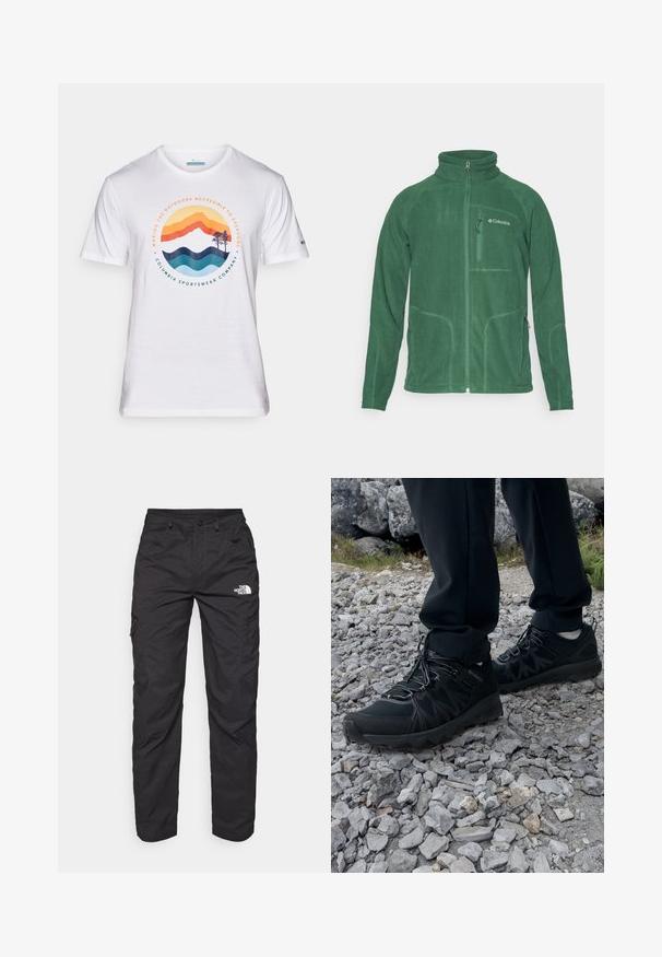 Grønn fleecejakke med høy krage, glidelås foran og sidelommer. Har teksturert stoff og kontrasterende sømdetaljer.; Hvit bomulls t-skjorte med en fargerik grafikk av fjell og bølger med tekst, flat halslinning, kortermet og Columbia-logo på ermet.; Sorte cargo bukser laget av lett stoff. Har glidelåslommer på siden og et logo på venstre lår. Rett ben-design.; Sorte utendørssko i svart med mesh og syntetisk materiale, med en teksturert overdel, sikret snøresystem og en robust såle, på steinete terreng.
