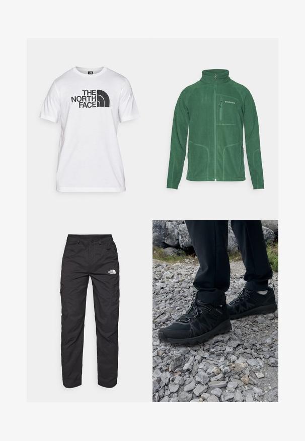 Vihreä fleecetakki, jossa on korkea kaulus, vetoketjullinen etuosa ja sivutaskut. Sisältää tekstuuripintaa ja erottuvia ompeluyksityiskohtia.; Valkoinen puuvillapaita, jossa on musta graafinen painatus tekstillä ja kaarevalla logomuotoilulla. Pyöreä kaula-aukko ja lyhyet hihat. Yksinkertainen pinta.; Mustat cargo-housut, jotka on valmistettu kevyestä kankaasta. Varustettu vetoketjullisilla sivutaskuilla ja logolla vasemmassa reidessä. Suorat lahkeet.; Mustat ulkokengät, joissa on verkko- ja synteettinen materiaali, teksturoitu päällinen, varma nauhoitusjärjestelmä ja kestävä pohja kivikkoisella maastolla.