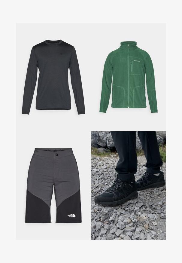 Green fleece jacket with a high collar, zippered front, and side pockets. Features textured fabric and contrasting stitching details.; Long-sleeve shirt in dark gray fabric, featuring a crew neck and subtle logo detail. Smooth texture with a fitted shape.; Gray and black shorts with a panel design, front button closure, and The North Face logo. Made of a lightweight, durable fabric.; Black outdoor shoes with mesh and synthetic material, featuring a textured upper, secured lacing system, and a rugged outsole, on rocky terrain.
