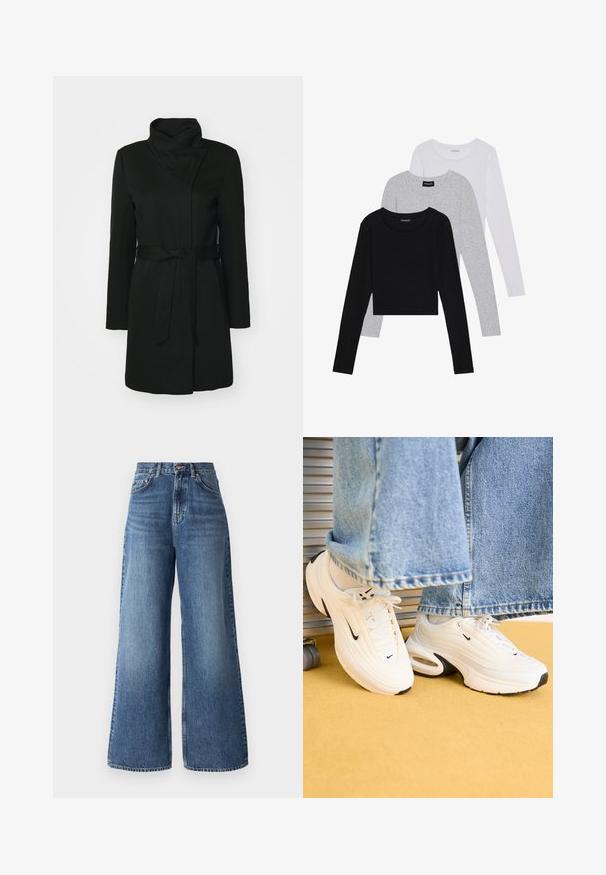 Svart kappa i ullblandning med veckad krage, långa ärmar och midjebälte. Slät textur med minimal detaljering.; Tre långärmade tröjor staplade: svart, grå och vit. Var och en har en rund halsringning och en kort design med mjukt, lätt material.; Höga vida jeans i ljusblå denim, med en klassisk femfickedesign och subtila blekningar längs benen.; Vita Nike sneakers med en texturerad design, svarta accenter och en luftkuddesfunktion. Placerad under ljusblå denim med fransade kanter.