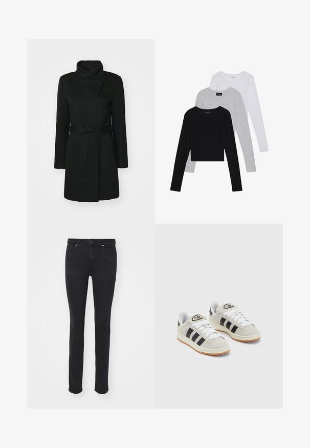 Crni kaput od vune, s preklopljenim okovratnikom, dugim rukavima i pojasom u struku. Glatka tekstura s minimalnim detaljima.; Tri dugih rukava posložena: crna, siva i bijela. Svaka ima okrugli izrez i skrateni kroj s glatkom, laganom tkaninom.; Crne traperice od denima slim kroja, s pet džepova, patentnim zatvaračem i srebrnim detaljima. Glatka tekstura s minimalnim izbleđivanjem.; Sive suede tenisice s bijelim vezicama, crnim prugama i bijelim gumiranim potplatom. Imaju kružni logo na jeziku i gumeni potplat.