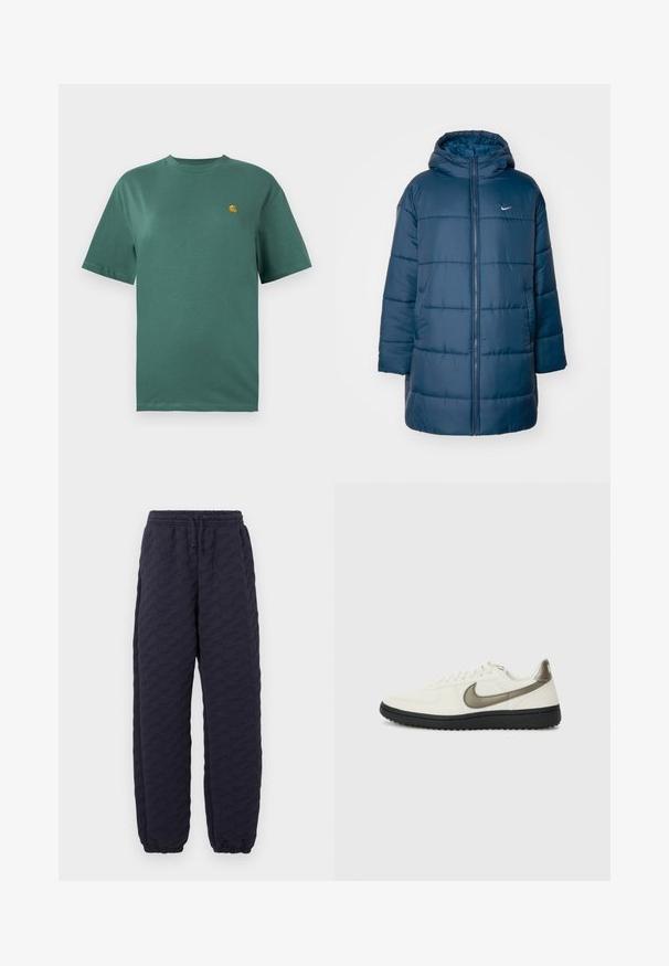 Mørkeblå puffjakke med hette, med glidelås foran, quiltet design og minimal merkevare. Glatt, shiny stoff.; Teal bomulls t-skjorte med korte ermer, rund hals og en liten gul logo på venstre bryst. Glatt tekstur og avslappet passform.; Mørk marineblå polstrede bukser med elastisk midjebånd og mansjetter, med et teksturert mønster av abstrakte former gjennom hele stoffet.; Nike Sportswear FIELD GENERAL - Joggesko - off-white/black