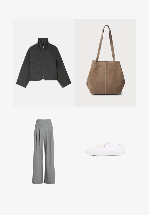 Giacca corta in lana grigia con colletto alto e zip frontale. Presenta maniche ampie e un design pulito e minimale. Texture morbida.; T-shirt bianca a maniche corte e scollo rotondo con vestibilità slim, esposta piatta su uno sfondo bianco.; Pantaloni a gamba larga grigi plissettati con vita alta, realizzati in un tessuto testurizzato, caratterizzati da una finitura liscia e linee pulite.; Sneaker bianco in tela con occhielli dorati, lacci piatti, suola in gomma strutturata e branding minimale sul lato. Design a profilo basso.; Borsa tote in suede marrone con due lunghe maniglie, dettaglio con cucitura verticale sulla parte anteriore e una texture morbida. Design spazioso adatto per l'uso quotidiano.