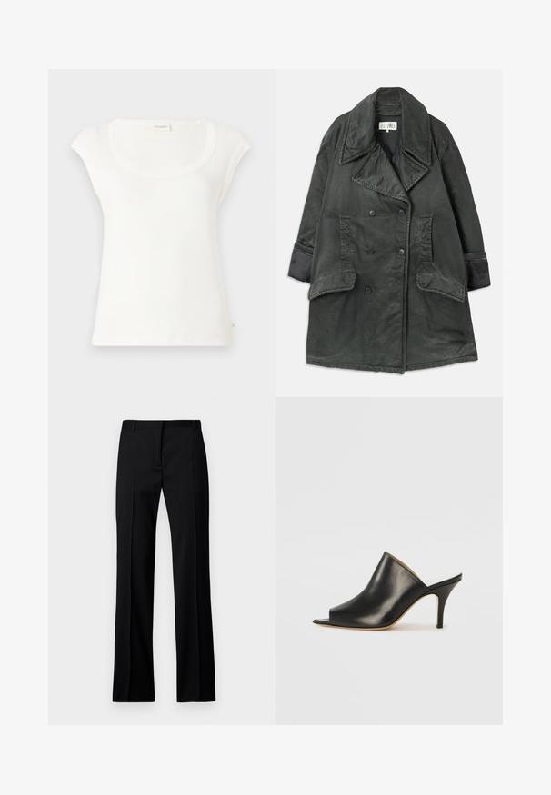 Tmavošedý dvojradový trenčkot so širokými klopami, dvomi veľkými vreckami s chlopňami, bočnými vsadenými vreckami a detailmi na manžetách na jednofarebnom pozadí.; Biela tričko s krátkym rukávom vyrobené z mäkkého bavlneného materiálu. Má okrúhly výstrih a voľný strih. Štítky sú pripevnené na zadnej strane.; Čierne nohavice v rovnom strihu z hladkej tkaniny, so plochým predným dielom, pútkami na opasok a bez viditeľných vreciek alebo ozdôb.; Čierne kožené otvorené muly s elegantným, zakriveným dizajnom, vysokým stiletto opätkom a hladkou textúrou. Interiér má kontrastnú svetlú farbu.