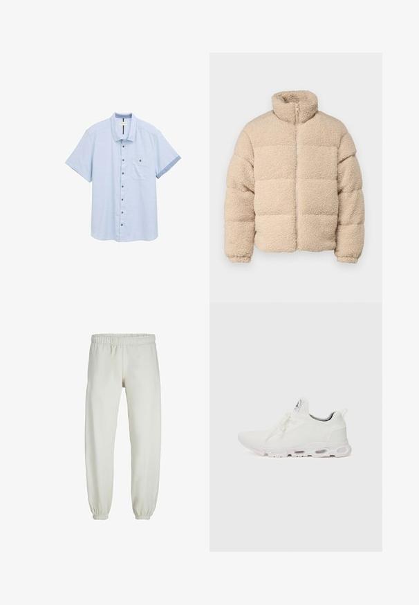 Jack & Jones JORCAMP PUFFER JACKET - Winterjacke - cloud dancer; Helleblaues, kurzärmliges Hemd aus strukturiertem Stoff mit Knopfverschluss, einer Brusttasche und kontrastierenden Manschetten in dunklerem Blau.; Weiße Jogginghose aus weichem Stoff, mit elastischem Bund und Säumen, einer glatten Textur und lockerem Schnitt.; Weiße Sportschuhe mit einem strukturierten Strickobermaterial, flachen Schnürsenkeln und einer gepolsterten Sohle mit sichtbaren Luftkammern für zusätzlichen Halt.
