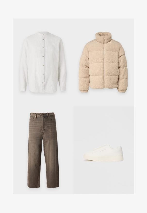 Jack & Jones JORCAMP PUFFER JACKET - Winterjacke - cloud dancer; Gestreiftes Button-up-Hemd in hellem Creme und dezentem Beige, mit Stehkragen, langen Ärmeln und runden Knöpfen an der Vorderseite.; Braune weit geschnittene Jeans aus Denim. Mit Reißverschluss, Gürtelschlaufen und fünf Taschen. Der Stoff hat eine verblasste, strukturierte Optik.; Weiße Slip-On-Sneaker mit einer strukturierten Oberfläche, dicker Sohle und minimalistischem Design. Mit Logo der Marke an der Seite.