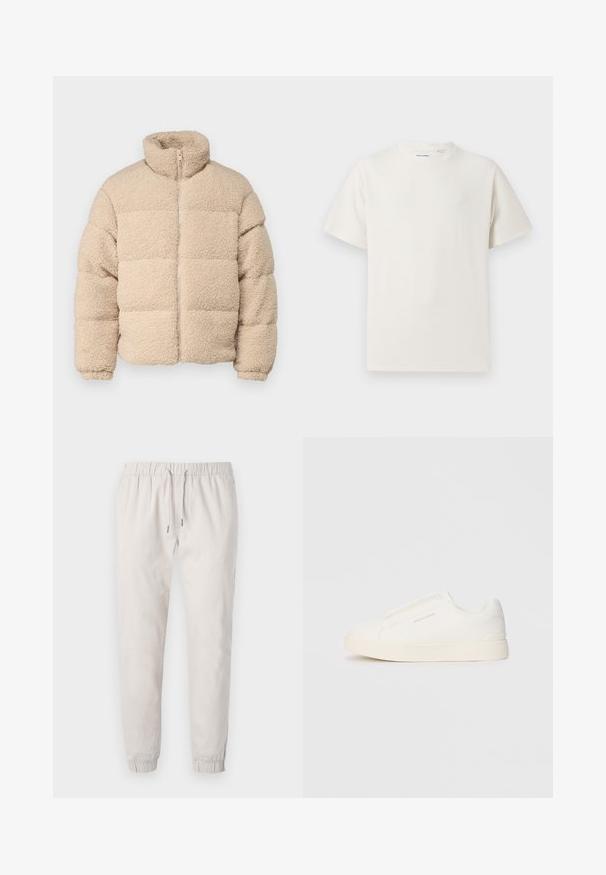 Jack & Jones JORCAMP PUFFER JACKET - Veste d'hiver - cloud dancer; T-shirt blanc à manches courtes en texture côtelée. Encolure ronde, coupe décontractée, sans motifs ni accents visibles. Design simple et polyvalent.; Pantalons joggers beige clair en tissu doux, dotés d'une taille élastique avec cordon de serrage, de chevilles resserrées et de poches latérales.; Baskets blanches sans lacets avec une surface texturée, une semelle épaisse et un design minimaliste. Présente le logo de la marque sur le côté.