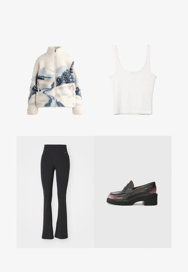Fleece jakke med høj krave, kremsfarve, med et landskabsdesign i blå og grå med træer og en snoet sti. Lynlås-lomme detaljer.; Hvid bomulds tanktop med en rundet halsudskæring, uden ærmer og en tætsiddende pasform. Glat tekstur, ensartet design og minimale syninger.; Sorte yogabukser med høj talje, lavet af strækbart stof. Har en flagrende design og et lille Nike-logo ved taljen.; Sorte læder loafers med rund tå, accentbånd og tonet gradient fra sort til mørk pink ved hælen. Har en kraftig sål.