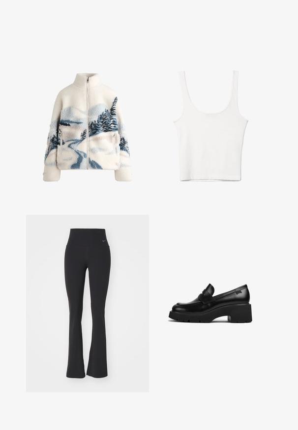 Flis jakna s visokim ovratnikom, krem boje, koja ima dizajn krajolika u plavoj i sivoj boji s drvećem i zavojitom stazom. Detalj s patent zatvaračem.; Bijela pamučna majica bez rukava s izrezom u obliku slova U, tijesnog kroja. Glatka tekstura, jednostavan dizajn i minimalni detalji šivanja.; Crne tajice za jogu s visokim strukom, izrađene od rastezljive tkanine. Imaju široki kroj i mali Nike logo na struku.; Crna kožna loaferica s debelim potplatom i chunky petom, s trakom preko gornjeg dijela, prikazana sa strane na bijeloj pozadini.