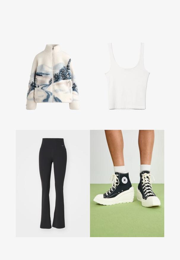Fleece jacket with high collar, cream color, featuring a landscape design in blue and gray with trees and a winding path. Zippered pocket detail.; White cotton tank top with a scooped neckline, no sleeves, and a fitted shape. Smooth texture, plain design, and minimal stitching details.; Black yoga pants with a high waistband, made of stretchy fabric. Features a flared design and a small Nike logo on the waist.; Black high-top sneakers with a raised white platform sole, featuring white laces and a round logo patch on the side. Textured canvas material.