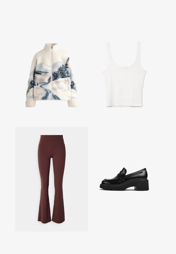 Fleecejacke mit hohem Kragen in der Farbe Creme, ausgestattet mit einem Landschaftsdesign in Blau und Grau, das Bäume und einen gewundenen Weg zeigt. Mit Reißverschlusstaschen.; Weißes Baumwoll-Top mit Rundhalsausschnitt, ohne Ärmel und figurbetontem Schnitt. Glatte Textur, schlichtes Design und minimale Nähdetails.; Bordeauxfarbene Schlagleggings mit hohem Bund und glattem, dehnbarem Stoff. Verfügt über ein kleines blaues Logo auf der oberen linken Seite.; Schwarze Leder-Loefer mit klobigem Absatz, dicker Sohle und einem Riemen über der Oberseite, seitlich auf einem weißen Hintergrund gezeigt.