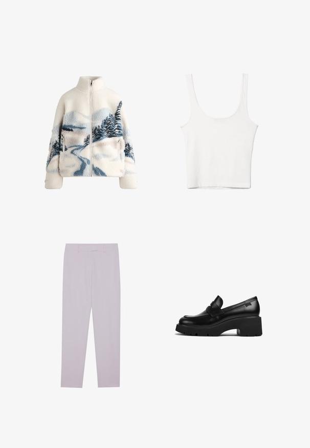 Mikina z fleecového materiálu s vysokým límcem, krémové barvy, s krajinným motivem v modré a šedé barvě, se stromy a klikatou cestou. Detail se zipem na kapse.; Bílý bavlněný top bez rukávů s kulatým výstřihem a přiléhavým střihem. Hladká textilie, jednoduchý design a minimální švy.; Světle fialové kalhoty z hladkého materiálu, s přiléhavým střihem, poutky na opasek a rovnoměrným střihem nohavic.; Černý kožený mokasín s robustním podpatkem a silnou podrážkou, s páskovým detailem přes horní část, zobrazený z boku na bílém pozadí.