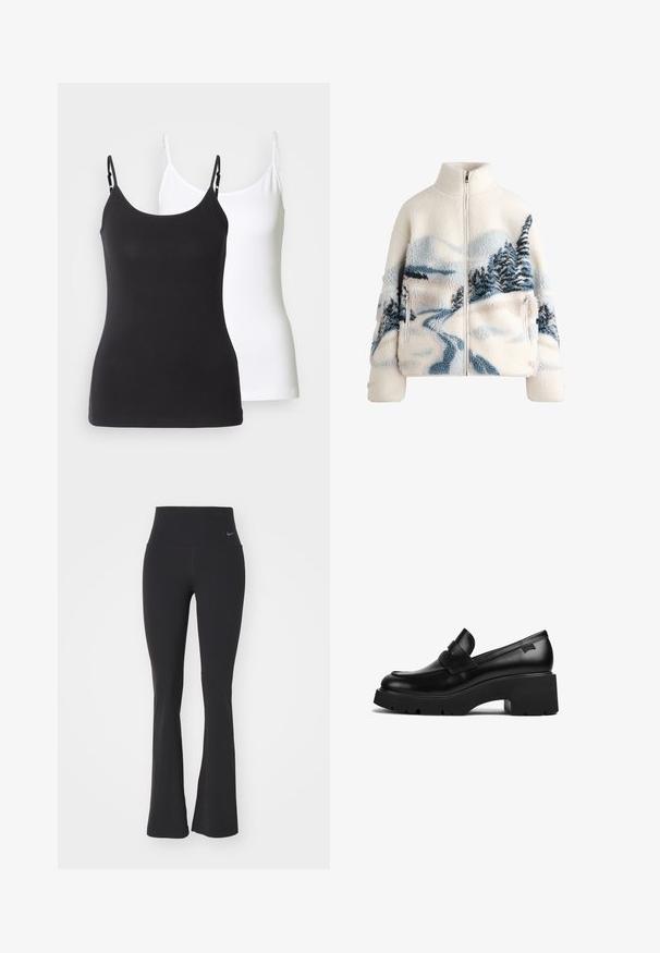 Fleecejack met hoge kraag, crème kleur, met een landschap ontwerp in blauw en grijs met bomen en een kronkelig pad. Met ritszakdetails.; Zwart-witte katoen camisoles met verstelbare dunne bandjes, met een getailleerd ontwerp en een zachte textuur.; Zwarte yogabroek met een hoge tailleband, gemaakt van rekbare stof. Heeft een flared ontwerp en een klein Nike-logo op de taille.; Zwarte leren loafers met chunky hak en dikke zool, met een banddetail over de bovenkant, zijaanzicht op een witte achtergrond.