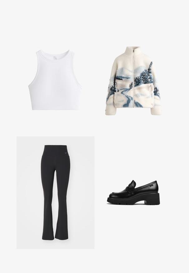 Giacca in pile con collo alto, colore crema, caratterizzata da un design paesaggistico in blu e grigio con alberi e un sentiero tortuoso. Dettagli con tasche con zip.; Top corto bianco a righe con scollatura rotonda e senza maniche. Presenta un tessuto testurizzato per maggiore dettaglio e flessibilità.; Leggings neri da yoga con vita alta, realizzati in tessuto elasticizzato. Presentano un design svasato e un piccolo logo Nike sulla vita.; Mocassino in pelle nera con tacco chunky, suola spessa e un dettaglio a strap nella parte superiore, mostrato di lato su uno sfondo bianco.