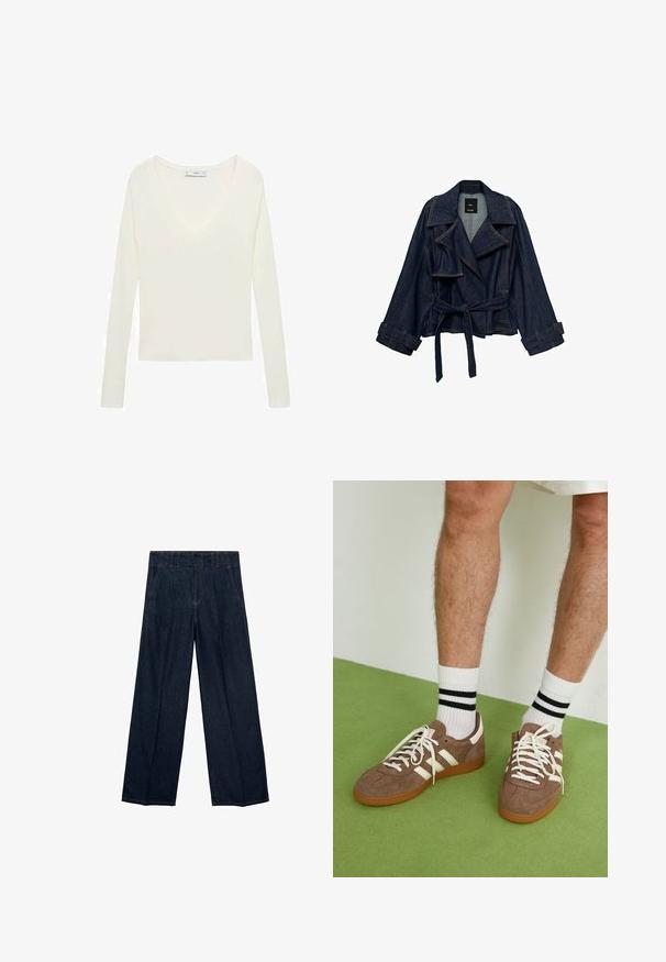 Dark blue denim jacket with wide lapels, belted waist, and cuff straps, displayed against a white background.; White long-sleeve top with a deep V-neckline, ribbed texture on shoulders, and a fitted design. Label visible at the neckline.; Navy blue wide-leg jeans featuring a high waist, pleats, and traditional five-pocket design, made of denim fabric with subtle stitching accents.; Brown suede sneakers with white accents and laces. Rubber gum sole. Worn with white socks featuring black stripes. Green textured flooring.