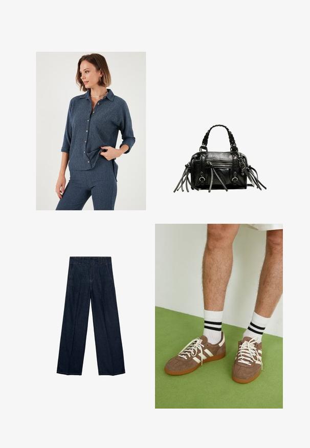 Mørkeblå denimjakke med brede slag, bæltestrop i taljen og manchetstropper, vist mod en hvid baggrund.; Marineblå knapp-up skjorte med en afslappet pasform, tekstureret stof og oprullede ærmer. Har kontrastknapper og en krave.; Marineblå brede jeans med høj talje, læg og traditionelt fem-lomme design, lavet af denimstof med subtile syninger.; Brune ruskind sneakers med hvide detaljer og snørebånd. Gummisål i naturgummi. Båret med hvide sokker med sorte striber. Grøn struktureret gulv.; Sort læderhandtaske med flettede håndtag, tekstureret overflade, lynlåslomme foran og dekorative frynse-accenter. Kompakt og struktureret form.