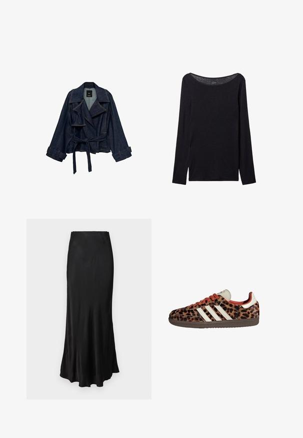 Ciemnoniebieska kurtka dżinsowa z szerokimi klapami, przewiązana w talii i z paskami przy mankietach, wyeksponowana na białym tle.; Czarna koszula z długim rękawem o szerokim dekolcie, wykonana z miękkiego materiału, charakteryzująca się dopasowanym krojem i minimalnymi detalami szwów.; Czarna sukienka maxi z satyny o gładkiej fakturze, dopasowana w talii, delikatnie rozkloszowana ku dołowi, o prostym, czystym kroju.; Sneakers w nadrukiem lamparta z zamszowego materiału, czerwonymi sznurówkami i trzema białymi paskami z boku. Wyróżniają się kremowym językiem i brązową podeszwą.