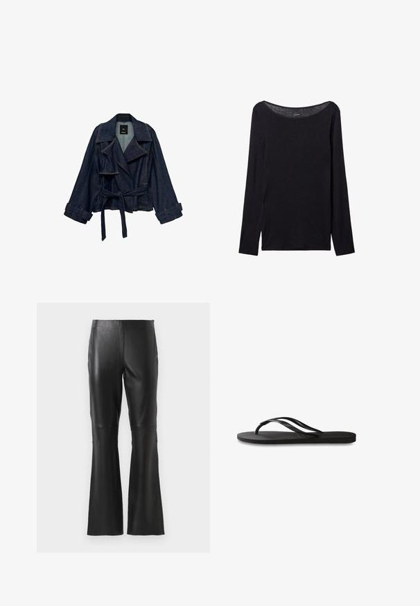 Tmavě modrá džínsová bunda s širokými klopami, páskem v pase a zapínáním na manžetách, vystavená na bílém pozadí.; Černá dlouhá halenka s širokým výstřihem, vyrobená z měkké látky, s těsným střihem a minimálními švy.; Černé vysoké kalhoty z umělé kůže s rozšířenými nohavicemi a detailem švů vpředu, vystavené na jednobarevném bílém pozadí.; Černé žabky s texturovanou gumovou podrážkou, dvěma štíhlými popruhy a jemným, embosovaným logem na popruhu.