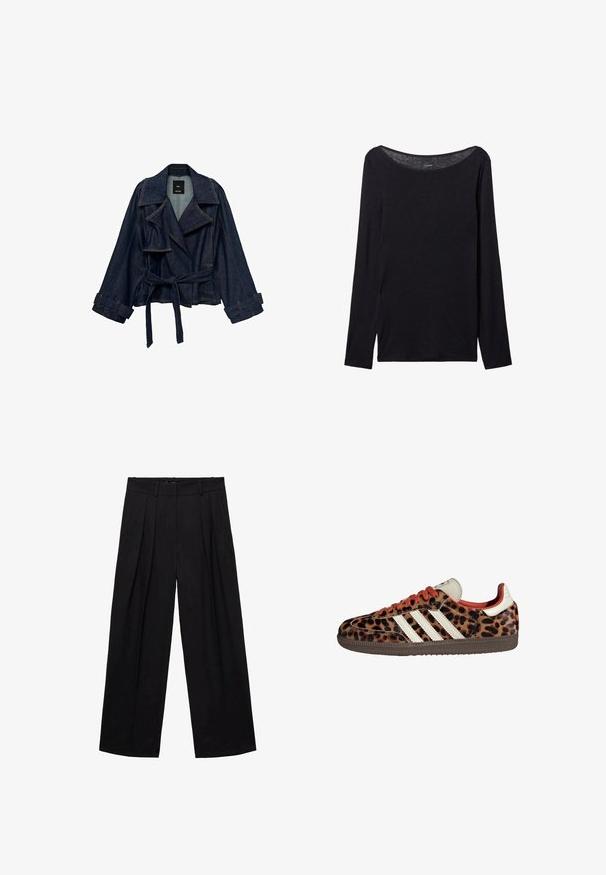 Tmavě modrá džínsová bunda s širokými klopami, páskem v pase a zapínáním na manžetách, vystavená na bílém pozadí.; Černá dlouhá halenka s širokým výstřihem, vyrobená z měkké látky, s těsným střihem a minimálními švy.; Černé plisované kalhoty s vysokým pasem, širokým střihem a hladkým materiálem. Obsahují boční kapsy a zipové zapínání.; Tenisky se vzorem leopardí kůže, z suédového materiálu, s červenými tkaničkami a třemi bílými pruhy na boku. Má krémovou jazyk a hnědou podrážku.