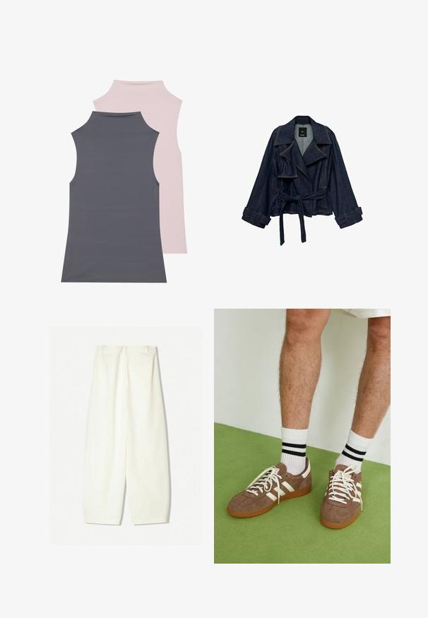 Giacca in denim blu scuro con ampi risvolti, vita con cintura e fascette ai polsini, esposta su uno sfondo bianco.; Due magliette senza maniche in tessuto morbido; una grigia e una rosa chiaro. Entrambe presentano un collo alto e una texture liscia.; Pantaloni a gamba larga in un morbido tessuto crema, caratterizzati da una texture liscia, tasche frontali e una vestibilità morbida con una vita di altezza media.; Sneaker in suede marrone con dettagli e lacci bianchi. Suola in gomma color gomma. Indossati con calzini bianchi con righe nere. Pavimento verde texturizzato.