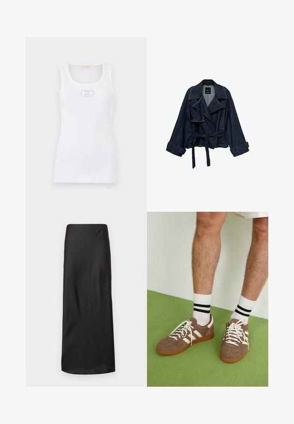 Giacca in denim blu scuro con ampi risvolti, vita con cintura e fascette ai polsini, esposta su uno sfondo bianco.; Canotta bianca a coste con scollatura rotonda e dettaglio del logo ricamato al centro. Presenta un design aderente e una texture morbida.; Gonna maxi nera realizzata in un tessuto leggero e morbido. Presenta una silhouette dritta con una vita elastica e senza motivi o decorazioni visibili.; Sneaker in suede marrone con dettagli e lacci bianchi. Suola in gomma color gomma. Indossati con calzini bianchi con righe nere. Pavimento verde texturizzato.