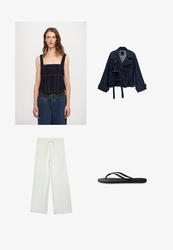 Ciemnoniebieska kurtka dżinsowa z szerokimi klapami, przewiązana w talii i z paskami przy mankietach, wyeksponowana na białym tle.; Ciemnoniebieski dżinsowy top o skróconym kroju z szerokimi ramiączkami, kwadratowym dekoltem i centralnym logo. Kontrastowe przeszycia podkreślają detale paneli.; Białe spodnie o szerokich nogawkach wykonane z miękkiego materiału. Posiadają elastyczny pas ze sznurkiem i gładką teksturę. Brak widocznych wzorów lub elementów metalowych.; Czarne klapki z teksturowaną gumową podeszwą, dwiema smukłymi paskami oraz subtelnym, wytłoczonym logo na pasku.