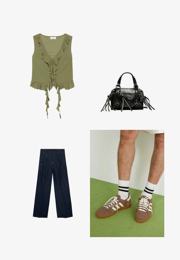 Tummansininen farkkutakki leveillä kauluksilla, vyöhön kiinnitettävällä vyöllä ja hihansuiden säätöillä, esitetty valkoista taustaa vasten.; Oliivinvihreä hihaton toppi, jossa on V-mallinen kaula-aukko, röyhelöreunat ja solmukoriste edessä. Valmistettu pehmeästä ja kevyestä kankaasta.; Laivastonsiniset leveälahkeiset farkut, joissa on korkea vyötärö, laskokset ja perinteinen viisi taskua -muotoilu. Valmistettu farkkukankaasta, jossa on hienovaraiset ommelkoristukset.; Ruske nahkate sneakerit valkoisilla korostuksilla ja nauhoilla. Kumi-gumipohja. Yhdistetty valkoisiin sukkiin, joissa on mustia raitoja. Vihreä teksturoitu lattia.; Musta nahkalaukku, jossa on punotut kahvat, teksturoitu pinta, vetoketjullinen etutasku ja koristeelliset fringes-akoristeet. Kompakti ja jämäkkä muoto.