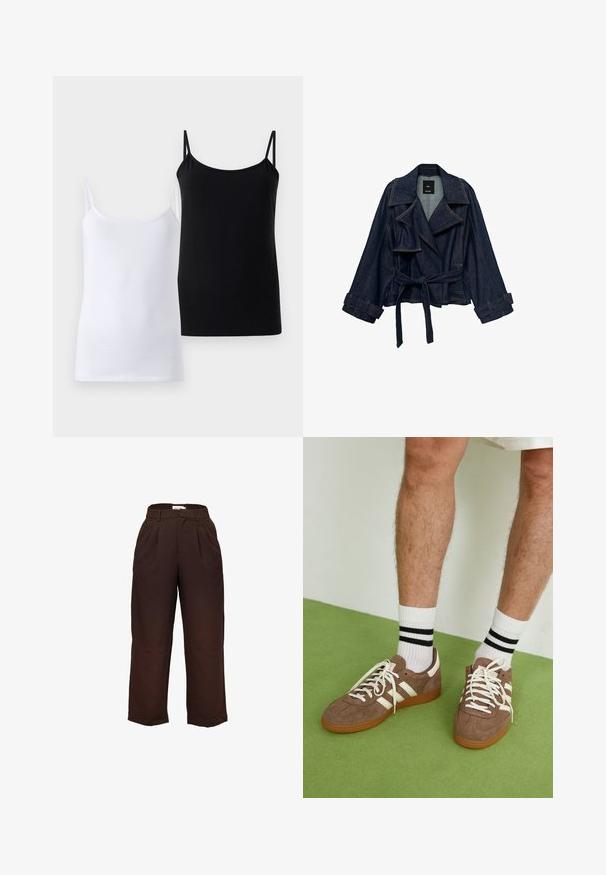 Dark blue denim jacket with wide lapels, belted waist, and cuff straps, displayed against a white background.; Two tank tops, one white and one black, made of soft cotton. Each features thin straps and a simple, smooth design.; High-waisted, dark brown wide-leg trousers with belt loops and front pleats, displayed against a white background.; Brown suede sneakers with white accents and laces. Rubber gum sole. Worn with white socks featuring black stripes. Green textured flooring.