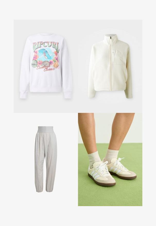 White fleece jacket with a high collar, full zip closure, and a chest pocket. Soft texture and casual design.; White sweatshirt featuring a colorful graphic print with "Ripcurl" at the top, tropical flowers, and a surfing scene. Classically styled fit.; Light gray, lightweight pants with an elastic waistband, gathered cuffs, and side seams featuring a subtle texture along the length.; Samba sneakers with a cream and beige color scheme, featuring three light blue stripes, white laces, and brown rubber soles.
