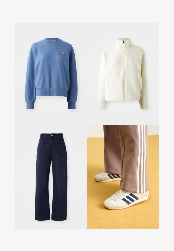 Weiße Fleecejacke mit hohem Kragen, durchgehendem Reißverschluss und einer Brusttasche. Weicher Stoff und lässiges Design.; Blauer Baumwollpullover mit gerippten Bündchen und Saum. Verfügt über ein kleines gesticktes Logo auf der Brust. Rundhalsausschnitt, bequeme Passform.; Marineblaue, weite Cargo-Hosen aus robustem Baumwollstoff, mit Seitentaschen und einem Knopfverschluss an der Taille.; Cremfarbene Sneaker mit blauen Wildlederstreifen, weißen Schnürsenkeln und einer Gummisohle. Kombiniert mit grauen Jogginghosen mit weißen Seitenstreifen.