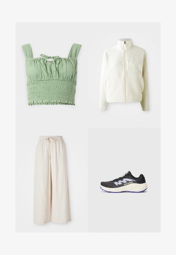 Bílá fleecová bunda s vysokým límcem, plným zipem a náprsní kapsou. Měkká textura a ležérní design.; Světle zelený crop top se smyčkovou texturou, širokými ramínky a zavázaným výstřihem. Obsahuje nařasenou látku pro uvolněný střih.; Široké kalhoty krémové barvy s elastickým pasem a šňůrkou. Hladká, lehká lněná tkanina, bez viditelných vzorů nebo kovových doplňků.; Černá sportovní bota s fialovou podrážkou, texturovaným síťovinovým svrškem a kontrastními šedými akcenty. Obsahuje tkaničky a výrazné logo na boku.