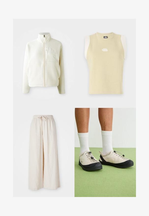 Fehér bolyhos dzseki magas gallérral, teljes hosszában zipzárral és mellzsebbel. Puha tapintású és laza kialakítású.; Ujjatlan, pasztell sárga pamut felső, lekerekített nyakkal. Kontrasztos krém színű vállpanelekkel és texturált logóval a mellkasán.; Széles lábú, krémszínű nadrág, rugalmas derékkal és zsinórral. Simlék, könnyű vászon anyag, látható minták vagy fém részek nélkül.; Beige cipők fekete részletekkel, hálós oldalpanelekkel és biztonságos fűzőn húzóval. Vastag gumi talp, mintázott barázdával. Fehér zoknikkal viselve.