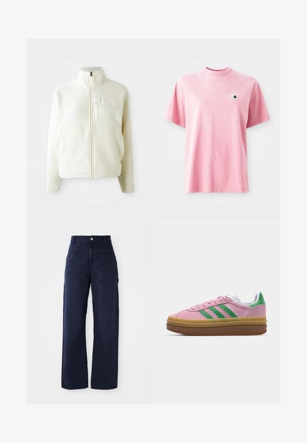 Casaco de fleece branco com gola alta, fecho de zip completo e um bolso no peito. Textura suave e design casual.; T-shirt de algodão rosa com decote redondo e mangas curtas. Apresenta um pequeno patch de logótipo em forma de quadrado na área do peito esquerdo. Textura suave.; Calças de cargo largas em azul-marinho, feitas de um tecido de algodão resistente, com bolsos laterais e um fecho de botão na cintura.; Ténis de camurça rosa com riscas verdes, detalhes brancos e sola de borracha castanha. Apresenta tecido texturizado e detalhes de logótipo na lateral.