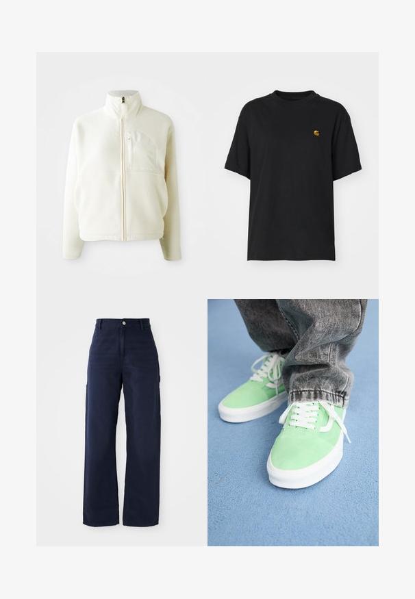 Valge fliisjakk kõrge kraega, täispikkade tõmblukkudega ja rinnataskuga. Pehme tekstuur ja juhuslik disain.; Must must särk lõdva lõikega. Omab ümmargust kaelust ja lühikesi varrukaid. Rinnal on väike kuldne tikandiga logo.; Tumed sinised laiad cargo püksid, valmistatud vastupidavast puuvillakangast, küljetaskute ja nup closure'iga vööl.; Inimene kannab heledat roheline ja valget värvi sneakersit valgete paeltega ning pleekinud musti teksapükse, seistes sinisel tekstureeritud põrandal.