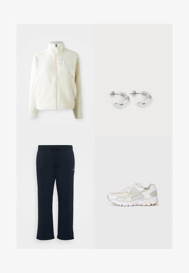 Vit fleecjacka med hög krage, hel dragkedja och bröstficka. Mjuk textur och avslappnad design.; Två vita bomullströjor med korta ärmar, rund halsringning och en figurnära silhuett, som visar en jämn textur och minimalistisk design.; Svarta sweatpants med elastisk midja och justerbar dragningssnodd. Har en liten vit Nike-logotyp på vänster sida. Mjuk tyghjälp.; Vit sportskor med mesh- och syntetmaterial. Har en strukturerad design, vadderad krage och geometriska detaljer på hälen.; Silver hoop örhängen med en slät, polerad yta. Rund form med en lätt böjd design och sammanflätade kanter. Spänne med pin-back.
