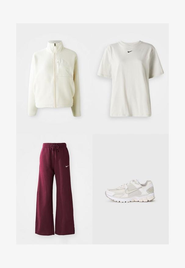 Λευκή φλις ζακέτα με ψηλό γιακά, πλήρες φερμουάρ και τσέπη στο στήθος. Μαλακή υφή και καθημερινός σχεδιασμός.; Λευκό βαμβακερό μπλουζάκι με στρογγυλή λαιμόκοψη και κοντά μανίκια. Διαθέτει ένα μικρό μαύρο λογότυπο Nike στο στήθος. Απλός και κομψός σχεδιασμός.; Βουργουνδίας παντελόνι φόρμας σε φαρδιά γραμμή από μαλακό ύφασμα, με ελαστική μέση και κορδόνι, καθώς και λευκό λογότυπο Nike στην αριστερή πλευρά.; Λευκό αθλητικό παπούτσι από διχτυωτό και συνθετικό υλικό. Διαθέτει υφή σχεδίου, μαλακή επένδυση στον τράχηλο και γεωμετρικά στοιχεία στην φτέρνα.