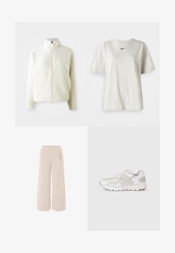 Valge fliisjakk kõrge kraega, täispikkade tõmblukkudega ja rinnataskuga. Pehme tekstuur ja juhuslik disain.; Valge puuvillane T-särk, millel on ümmargune dekoltee ja lühikesed varrukad. Rinnal on väike must Nike logo. Lihtne ja kaunistusteta disain.; Bežid laiad püksid sujuva tekstuuriga, elastse vöökohtadega ja kahe külgtaskuga. Pükste sääreotsad on rullitud lisadetailina.; Valge spordijalats, mis on valmistatud võrkpinnast ja sünteetilistest materjalidest. Omab tekstuurset disaini, pehmendatud kaelaosasid ja geomeetrilisi aktsente kannal.