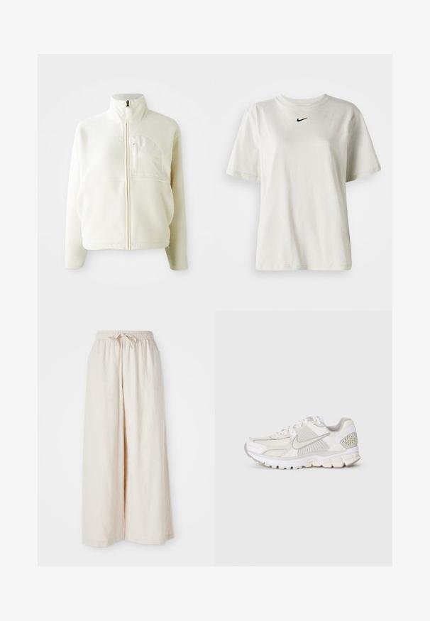 Balta vilnas jaka ar augstu apkakli, pilnu rāvējslēdzēju un krūšu kabatu. Mīksta tekstūra un ikdienišķs dizains.; Balts kokvilnas T-krekls ar apaļu kakla izgriezumu un īsām piedurknēm. Uz krūtīm ir neliels melns Nike logo. Vienkāršs un bez rotājumiem dizains.; Plati, krēmbalti bikses ar elastīgu jostasvietu un auklu. Gluda, viegla lina auduma, bez redzamām rakstām vai aparatūras.; Biežņu sporta apavi ar sietu un sintētiskām materiālām. Piedāvā teksturētu dizainu, mīkstu apkakli un ģeometriskus akcentus uz papēža.