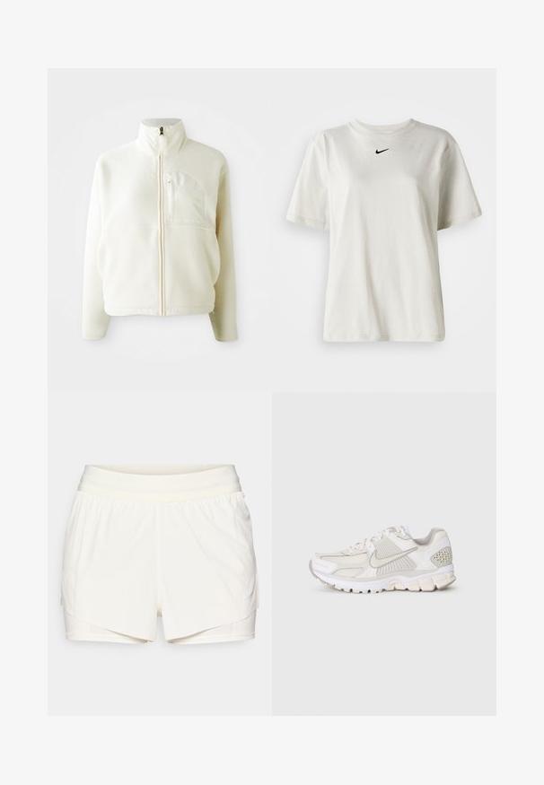 Casaco de fleece branco com gola alta, fecho de zip completo e um bolso no peito. Textura suave e design casual.; T-shirt de algodão branco com decote redondo e mangas curtas. Apresenta um pequeno logo preto da Nike no peito. Design simples e sem adornos.; Calções atléticos creme com design em camadas, faixa elástica na cintura e calções ajustados internos. Apresenta um pequeno logótipo azul de lado.; Sapatilha atlética branca com materiais em malha e sintéticos. Apresenta um design texturizado, colarinho almofadado e acentos geométricos no calcanhar.
