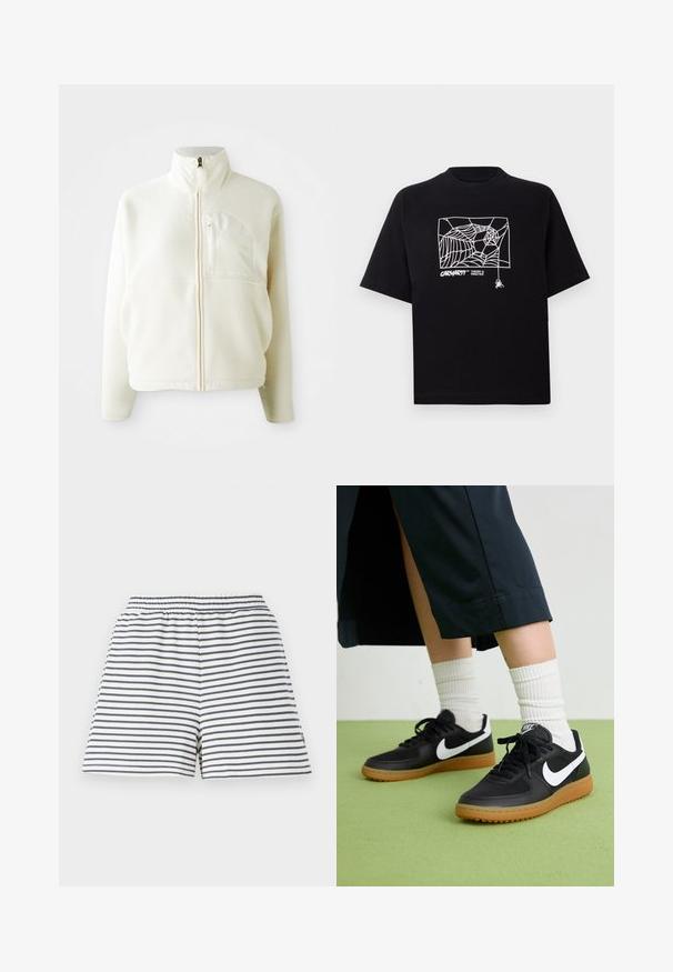 Biele fleecová bunda s vysokým golierom, plným zipsom a vreckom na hrudi. Mäkka textúra a ležérny dizajn.; Čierne tričko z bavlny s krátkymi rukávmi. Na prednej strane má biely grafický motív pavučiny a logo. Jednoduchý zaoblený výstrih.; Prúhované šortky s bielo-námorníckym farebným schématom, elastickým pásom, mäkkým bavlneným materiálom a uvoľneným strihom.; Čierne kožené a syntetické tenisky so bielym logom Nike, gumenou podrážkou, okrúhlou špičkou a čiernymi šnúrkami. Viditeľné biele pruhované ponožky.