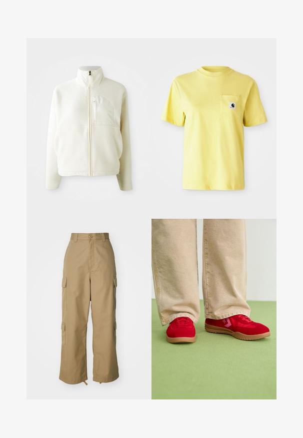 Valge fliisjakk kõrge kraega, täispikkade tõmblukkudega ja rinnataskuga. Pehme tekstuur ja juhuslik disain.; Kollane puuvillane T-särk lühikeste varrukatega, ümmarguse kaelusega ja esikäekotiga, millel on must logo järgi. Sile tekstuur, igapäevane disain.; Beezid kargo püksid kõrge vöökohaga, laiad jalad ja neli suurt külgtaskut. Valmistatud vastupidavast kangast, millel on sile tekstuur ja minimaalne detail.; Punased sametist tossud lamedate kummist tallaga ja roosa aktsentidega, kombineeritud beežide laiadest pükstest rohelisel põrandal.