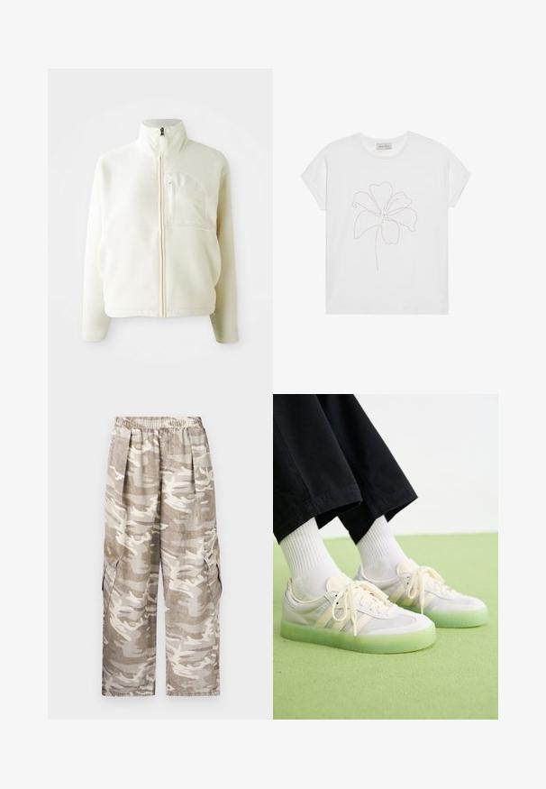Hvit fleecejakke med høy krage, full glidelås og brystlomme. Myk tekstur og avslappet design.; Hvit bomull t-skjorte med blomsterkontur design i roségull. Korte ermer og rund hals. Avslappet passform.; Kamuflasje cargobukser i beige og off-white. Har elastisk midje, vide ben, to side cargo-lommer og et strukturert stoff.; Lysfargede sneakers med overdel i semsket skinn og mesh, med tre sidestriper, flate snøringer og en gjennomskinnelig grønn gummisal.