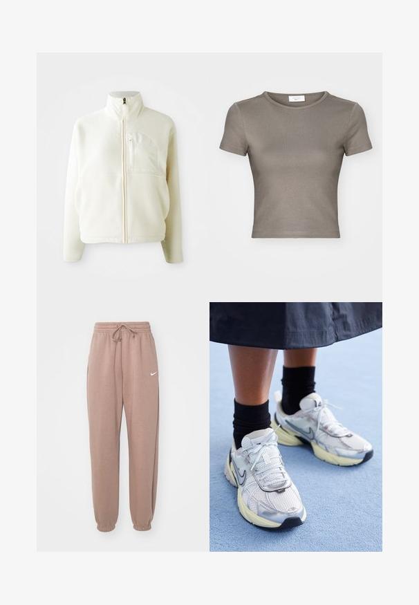 Bílá fleecová bunda s vysokým límcem, plným zipem a náprsní kapsou. Měkká textura a ležérní design.; Krátký rukáv, tričko s kulatým výstřihem v taupe barvě, vyrobené z hladkého bavlněného materiálu. Má přiléhavý střih a jemné prošívání na lemech a rukávech.; Světle hnědé tepláky s elastickým pasem a šňůrkou. S náplety na kotnících a bílým logem Nike na levé straně. Vyrobeny z měkké látky.; Bílé a stříbrné tenisky Nike z prodyšné tkaniny s reflexními akcenty a béžovou podrážkou. Nosené s černými ponožkami, stojící na modrém povrchu.